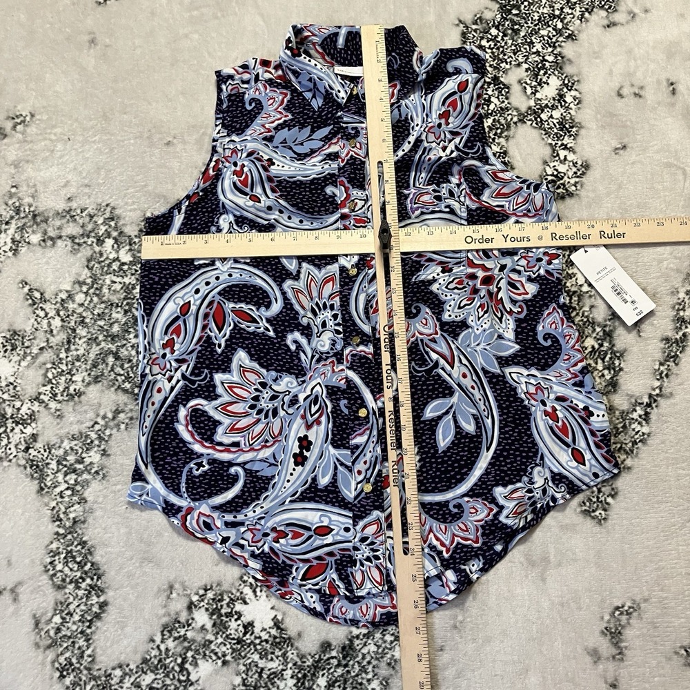 Liz Claiborne top Womens Sz PXS Navy Paisley Pleated Satin Sleeveless Shell - Picture 2 of 7